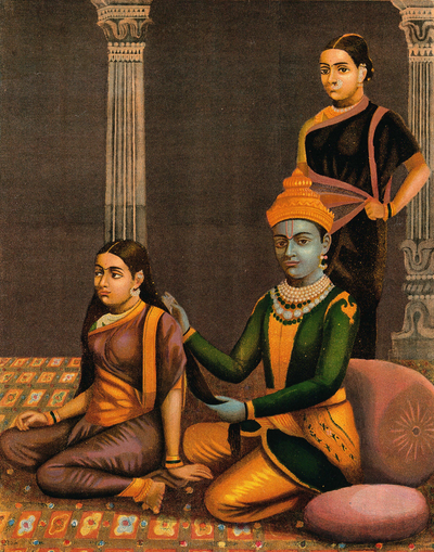 Krishna Combing Radha's Hair Art Print